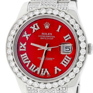 Rolex Datejust II 41MM Stainless Steel Automatic Oyster Mens Watch w/Imperial Red MOP Diamond Dial, Bezel, & Bracelet 116300