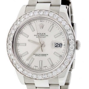 Rolex Datejust II Silver Stick Dial 41MM Stainless Steel Automatic Oyster Mens Watch w/4.20CT Diamond Bezel 116300