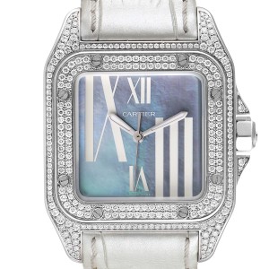 Cartier Santos 100 White Gold Blue MOP Dial Diamond Ladies Watch WM503251