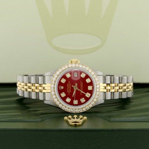 Rolex Datejust Ladies 2-Tone 18K Gold/SS 26mm Watch with Vignette Red Dial & Diamond Bezel