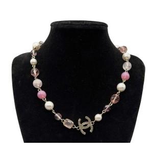 CHANEL - Excellent - 07A Faux Pearl Beaded CC Chocker - Pink / Gold Necklace