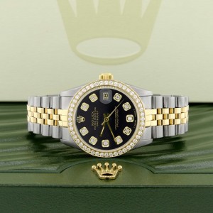 Rolex Datejust 2-Tone 18K Gold/SS Midsize 31mm Womens Watch with Black Dial & Diamond Bezel