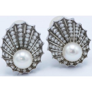 Platinum Diamond Cultured Pearl Shell Shape Earclips