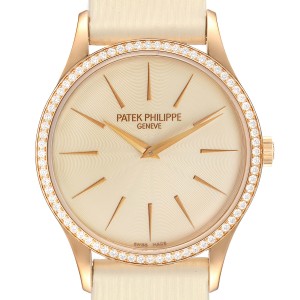 Patek Philippe Calatrava Rose Gold Beige Dial Diamond Ladies Watch 4897R