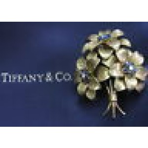 Tiffany & Co Blue Sapphire Flower Brooch 18Kt Yellow Gold 2"