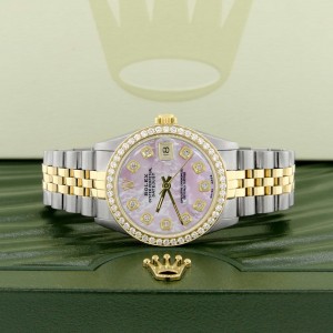 Rolex Datejust 2-Tone 18K Gold/SS Midsize 31mm Womens Watch with Pink MOP Dial & Diamond Bezel