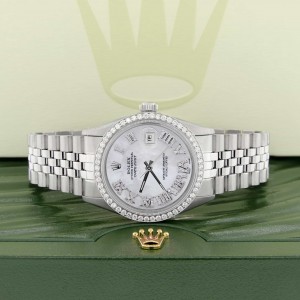 Rolex Datejust 36MM Automatic Stainless Steel Watch w/MOP Roman Dial & Diamond Bezel