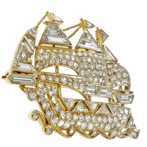 Vintage Sail Boat Ship Pin Fancy Cut Round Diamonds 18k Platinum