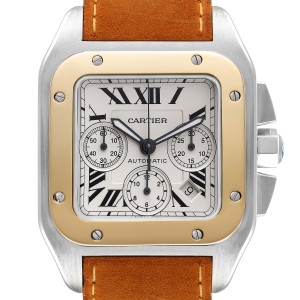 Cartier Santos 100 XL Silver Dial Chronograph Steel Mens Watch 