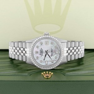 Rolex Datejust 36MM Automatic Stainless Steel Watch w/White MOP Dial & Diamond Bezel
