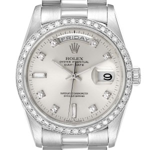 Rolex President Day-Date Silver Dial Platinum Diamond Mens Watch 