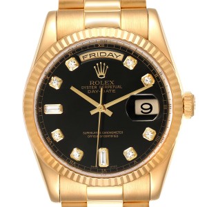 Rolex President Day Date Yellow Gold Black Diamond Dial Mens Watch 