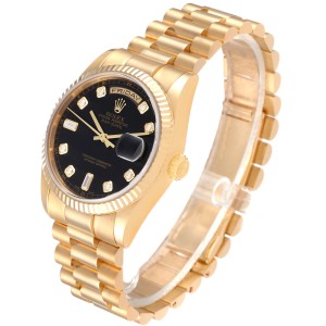 Rolex President Day Date Yellow Gold Black Diamond Dial Mens Watch 