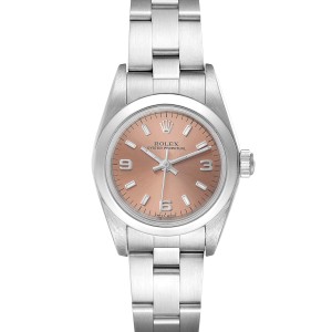 Rolex Oyster Perpetual Salmon Dial Domed Bezel Steel Ladies Watch 