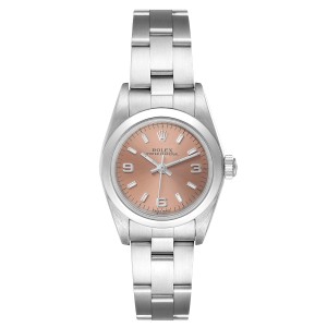 Rolex Oyster Perpetual Salmon Dial Domed Bezel Steel Ladies Watch 