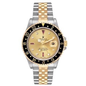 Rolex GMT II Diamond Ruby Serti Dial Steel Yellow Gold Mens Watch 
