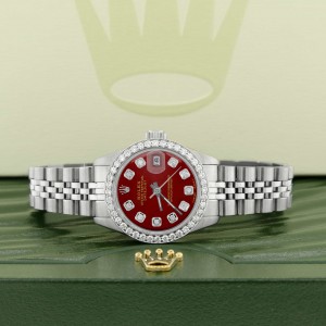 Rolex Datejust Ladies 26MM Automatic Steel Watch w/Imperial Red Dial & Diamond Bezel