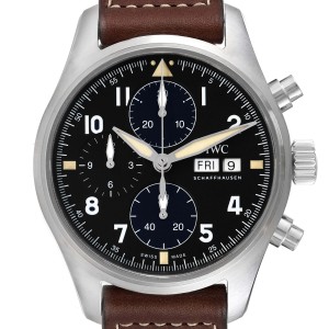 IWC Spitfire Pilot Steel Black Dial Chronograph Mens Watch 