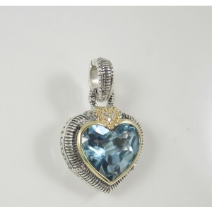 Judith Ripka Two Sterling Silver 18K Yellow Gold .03tcw Blue Topaz Diamond Heart Enhancer 