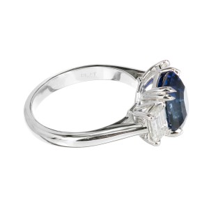 Platinum Blue Emerald Cut Sapphire & Diamond Engagement Ring Size 6.75