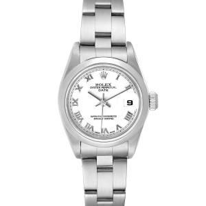 Rolex Date White Roman Dial Domed Bezel Steel Ladies Watch 