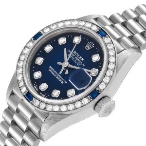 Rolex President Datejust White Gold Diamond Sapphire Ladies Watch 