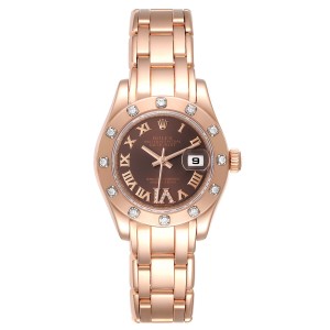 Rolex Pearlmaster Rose Gold Chocolate Dial Diamond Ladies Watch 