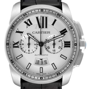 Calibre De Cartier Steel Chronograph Silver Dial Mens Watch 