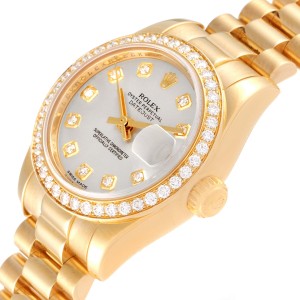 Rolex President Yellow Gold Silver Dial Diamond Ladies Watch 