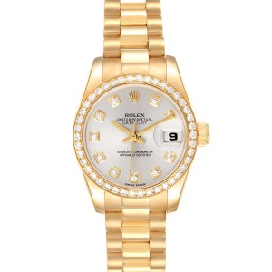 Rolex President Yellow Gold Silver Dial Diamond Ladies Watch 