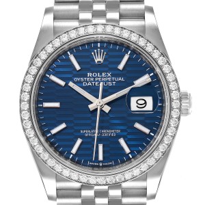 Rolex Datejust Steel Bright Blue Dial Diamond Mens Watch 