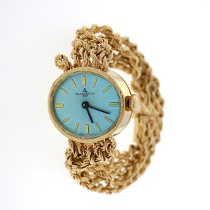Vintage Ladies Baume & Mercier 1960 14k Gold Rope Bracelet Watch Ice Blue Dial