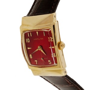 Hamilton 14K Yellow Gold Strap Red Dial 23mm Womens Watch 1950 