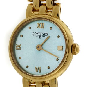 Longines Solid Yellow Gold Watch Mesh Band Professionally Redone Ice Blue Dial