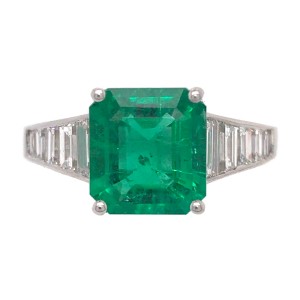 18k White Gold Emerald Asscher Cut and Diamond Ring