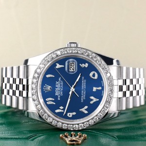 Rolex Datejust 116200 36mm 2.0ct Diamond Bezel/Cobalt Blue Diamond Arabic Dial Steel Watch