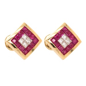 18k Yellow Gold Ruby and Diamond Tile Earrings