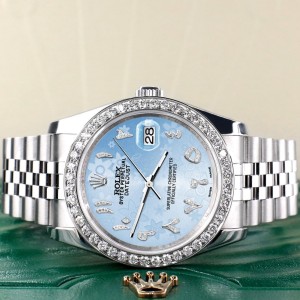 Rolex Datejust 116200 36mm 2ct Diamond Bezel/Blue Flower Diamond Arabic Dial Steel Watch
