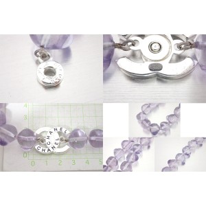 Chanel Silver Tone Metal Purple Glass Bead Necklace  