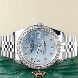 Rolex Datejust 116200 36mm 1.85ct Diamond Bezel/Sky Blue MOP Diamond Dial Steel Watch