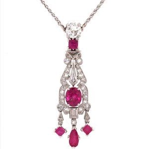 Estate Platinum Art Deco Ruby and Diamond Pendant Necklace