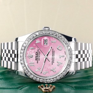 Rolex Datejust 116200 36mm 2.0ct Diamond Bezel/Pink Flower Diamond Arabic Dial Steel Watch