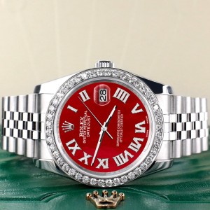Rolex Datejust 116200 36mm 2.0ct Diamond Bezel/Red MOP Diamond Roman Dial Steel Watch