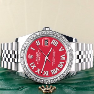 Rolex Datejust 116200 36mm 2.0ct Diamond Bezel/Scarlet Red Diamond Roman Dial Steel Watch