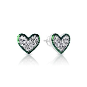Alina Heart Baguette Cut Diamond Earrings with green enamel in 14k White Gold