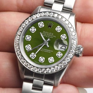 Rolex Datejust Ladies Automatic Stainless Steel 26mm Oyster Watch w/Chartreuse Green Dial & Diamond Bezel