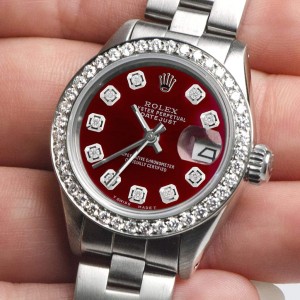 Rolex Datejust Ladies Automatic Stainless Steel 26mm Oyster Watch w/Merlot Red Dial & Diamond Bezel