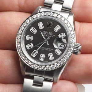 Rolex Datejust Ladies Automatic Stainless Steel 26mm Oyster Watch w/Black Baguette Diamond Dial & Bezel