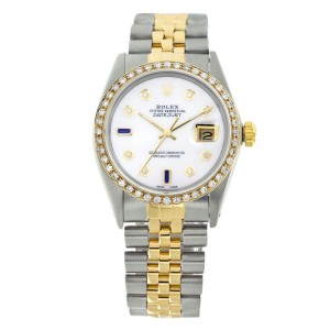 Rolex Datejust 16013 White Pearl Dial White Diamonds & Blue Sapphire Mens 36mm Watch 