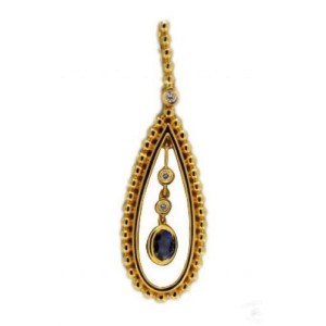 Estate Fine Oval Blue Sapphire & Round Diamond 18k Yellow Gold Pendant